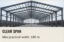 Perspective view of a clear-span steel building frame